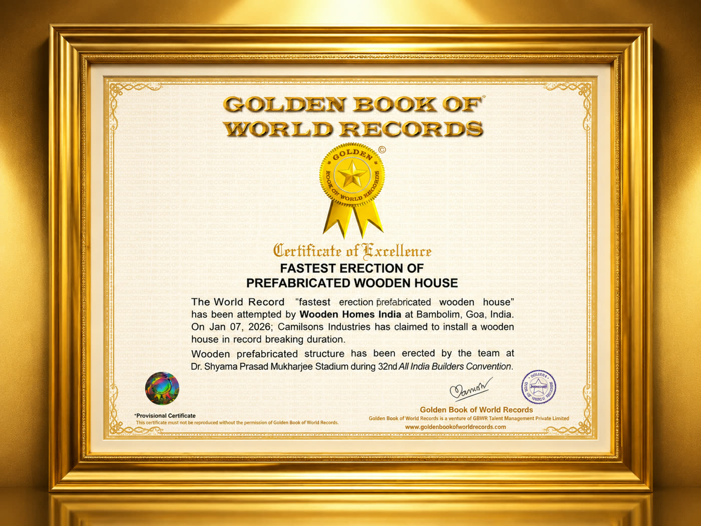World record certificate — fastest erection of a wooden structure